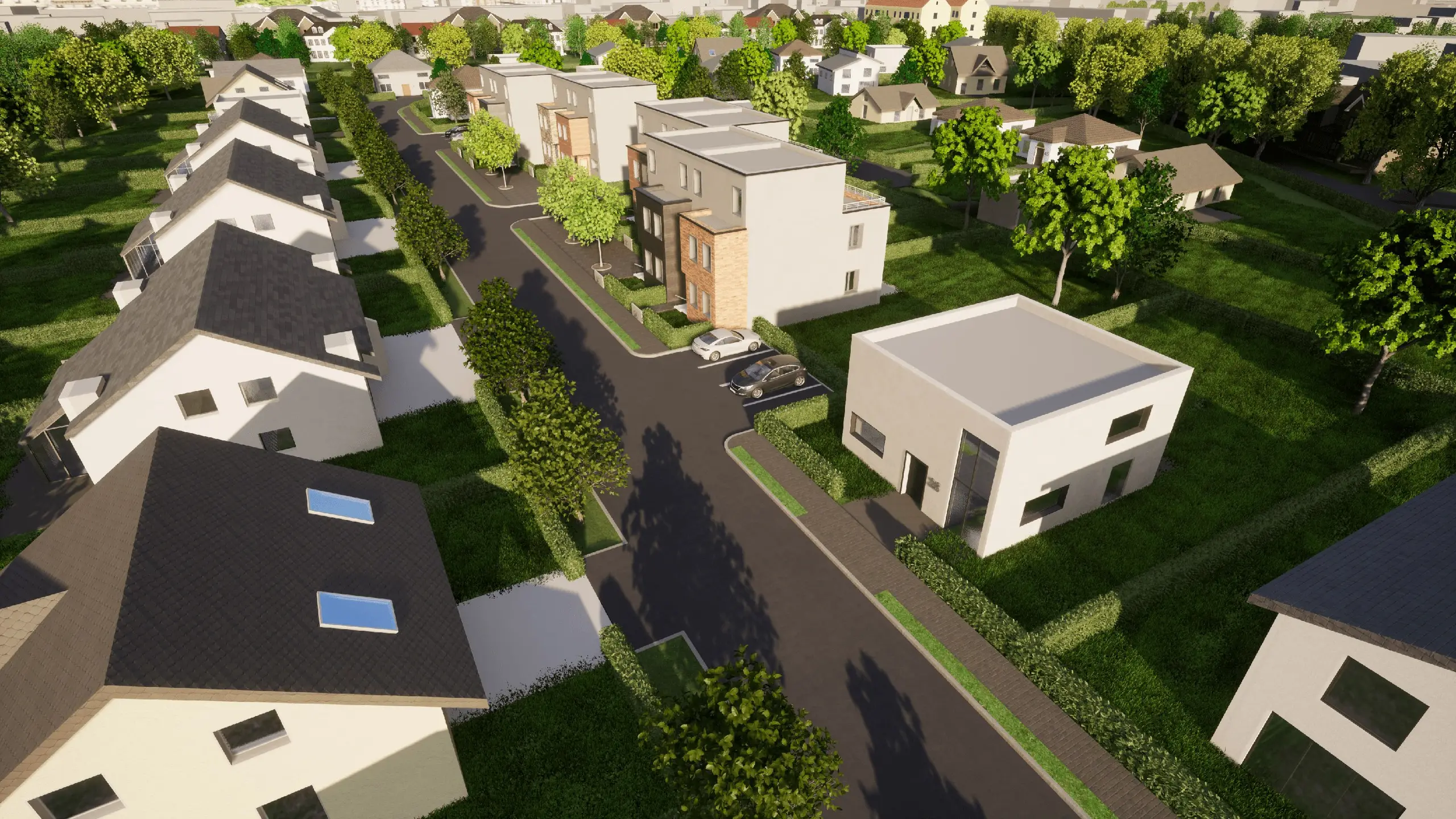 Visualisierung des Baugebiets Ballenstedter Straße: Einfamilien- und Doppelhäuser an einer neuen Anliegerstraße